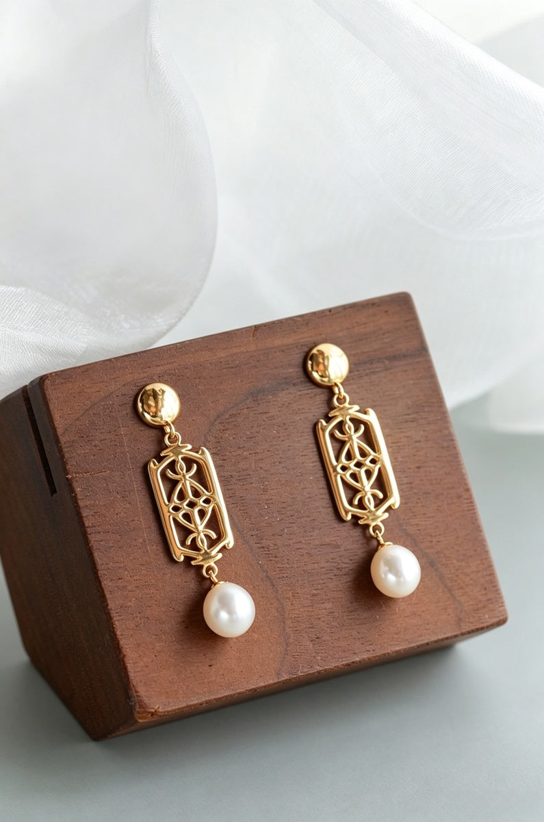 925 Sterling Silver Dangle Earring Elegance Vintage Geometric Freshwater Pearl 24K Gold Plated Drop Earrings Everyday Luxury
