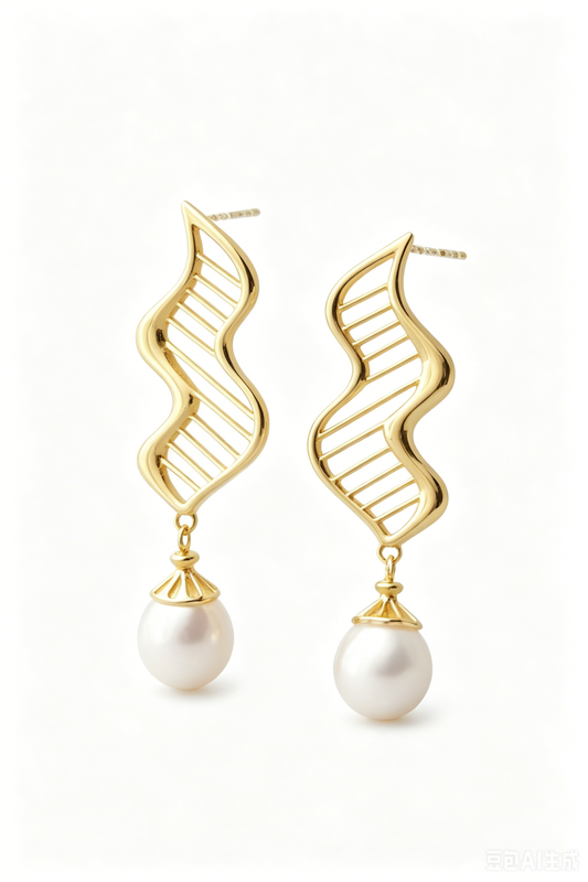 Creative Wave Line Hollow Natural Pearl 925 Sterling Silver Earrings 24K Gold Plated Fashion Dangle Earring Everyday Jewelry