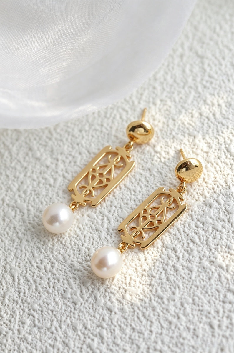 925 Sterling Silver Dangle Earring Elegance Vintage Geometric Freshwater Pearl 24K Gold Plated Drop Earrings Everyday Luxury