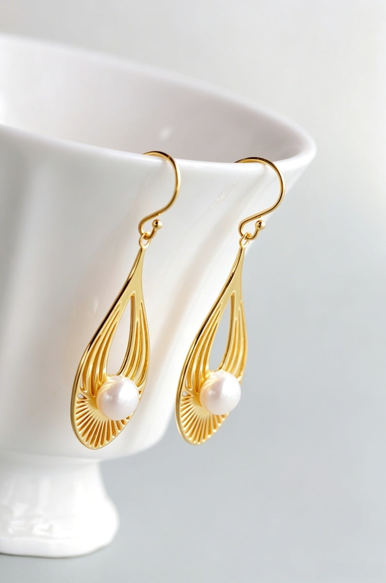 24K Gold Plated Modern Minimalist Geometric Drop Earrings Natural Freshwater Pearl 925 Sterling Silver Earring Gift for Women