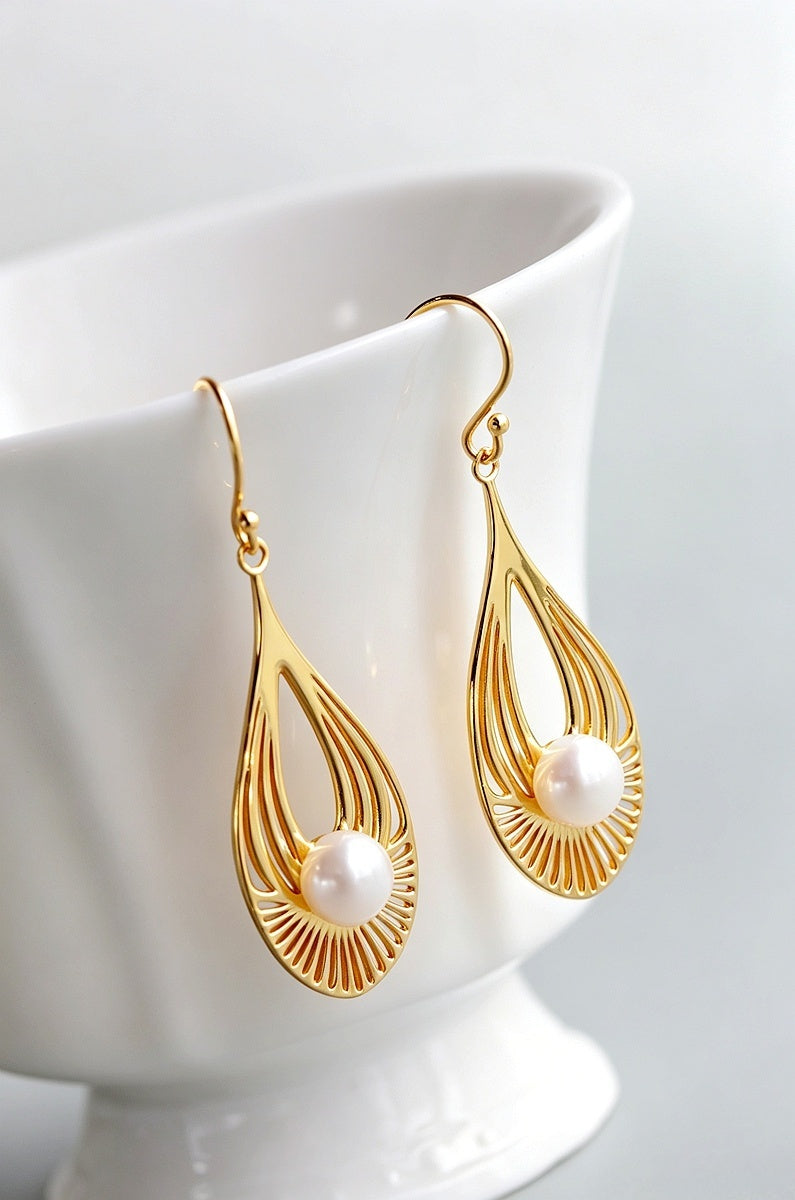 24K Gold Plated Modern Minimalist Geometric Drop Earrings Natural Freshwater Pearl 925 Sterling Silver Earring Gift for Women