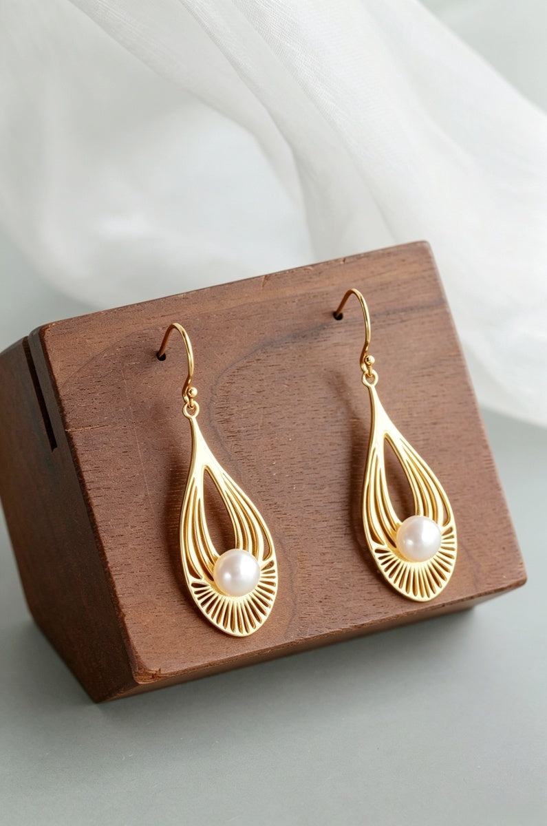 24K Gold Plated Modern Minimalist Geometric Drop Earrings Natural Freshwater Pearl 925 Sterling Silver Earring Gift for Women