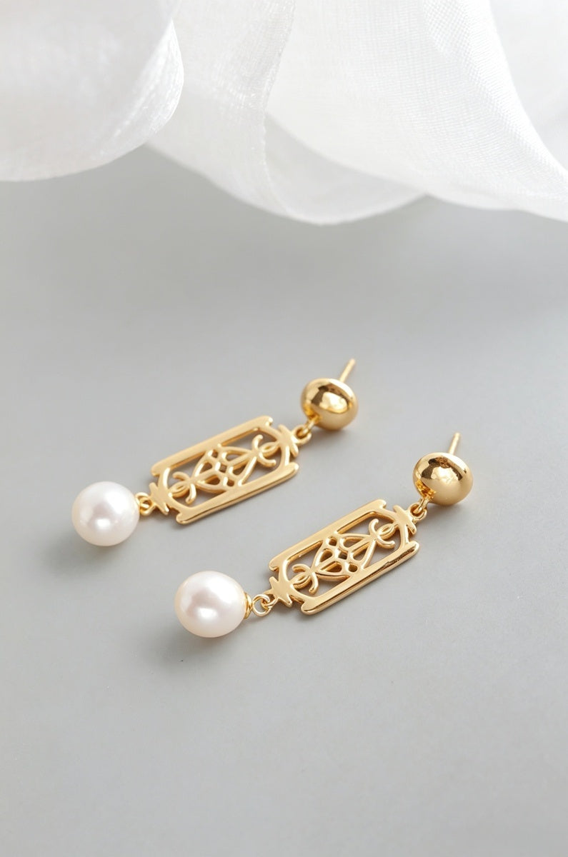 925 Sterling Silver Dangle Earring Elegance Vintage Geometric Freshwater Pearl 24K Gold Plated Drop Earrings Everyday Luxury