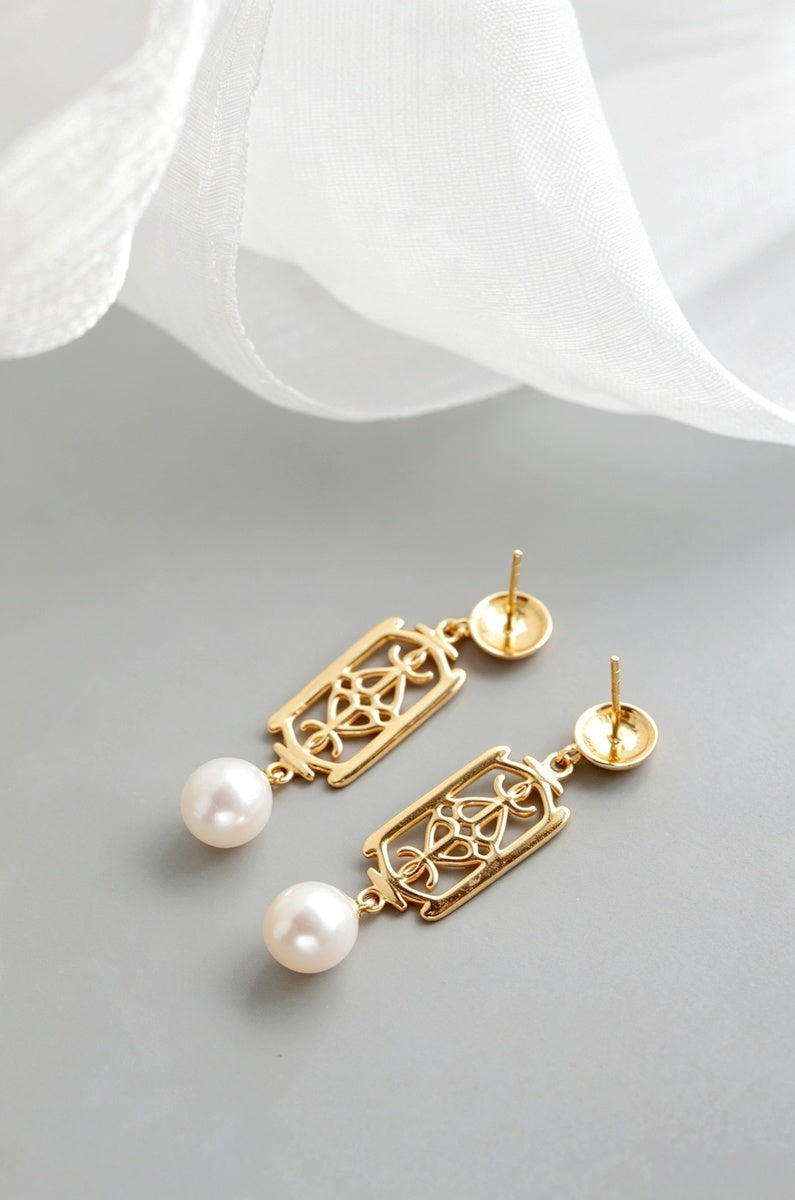 925 Sterling Silver Dangle Earring Elegance Vintage Geometric Freshwater Pearl 24K Gold Plated Drop Earrings Everyday Luxury