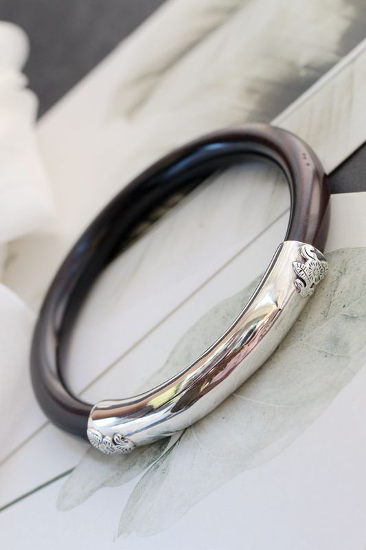 925 Sterling Silver Bracelet Handmade Inlaid Natural Ebony Elegant Ladies Closed Bracelet