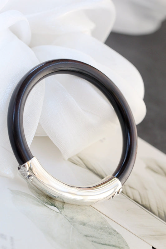 925 Sterling Silver Bracelet Handmade Inlaid Natural Ebony Elegant Ladies Closed Bracelet