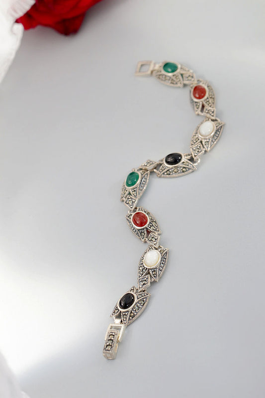 Exquisite 925 Sterling Silver Bracelet Retro Style Thai Silver Inlaid Natural Agate Shellfish Bracelet Women Fine Jewelry Gift