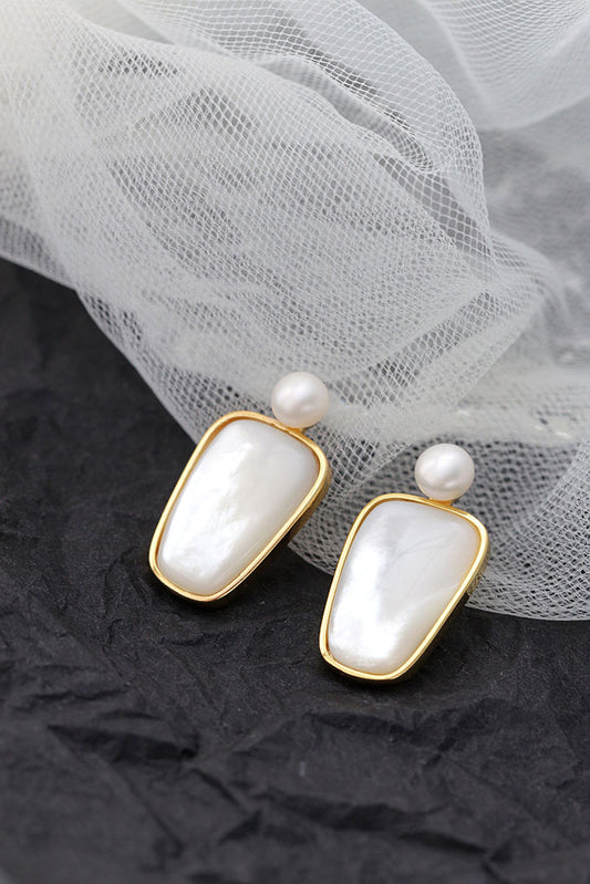 Inlaid Natural White Shell and Freshwater Pearl 18K Gold Plated Earrings Elegant Geometric Style 925 Sterling Silver Earring